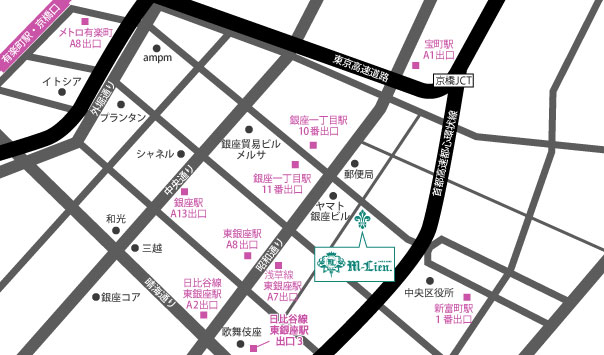 東銀座・新富町の美容室 ヘアメイク M-Lien.（リアン）へのアクセスマップ